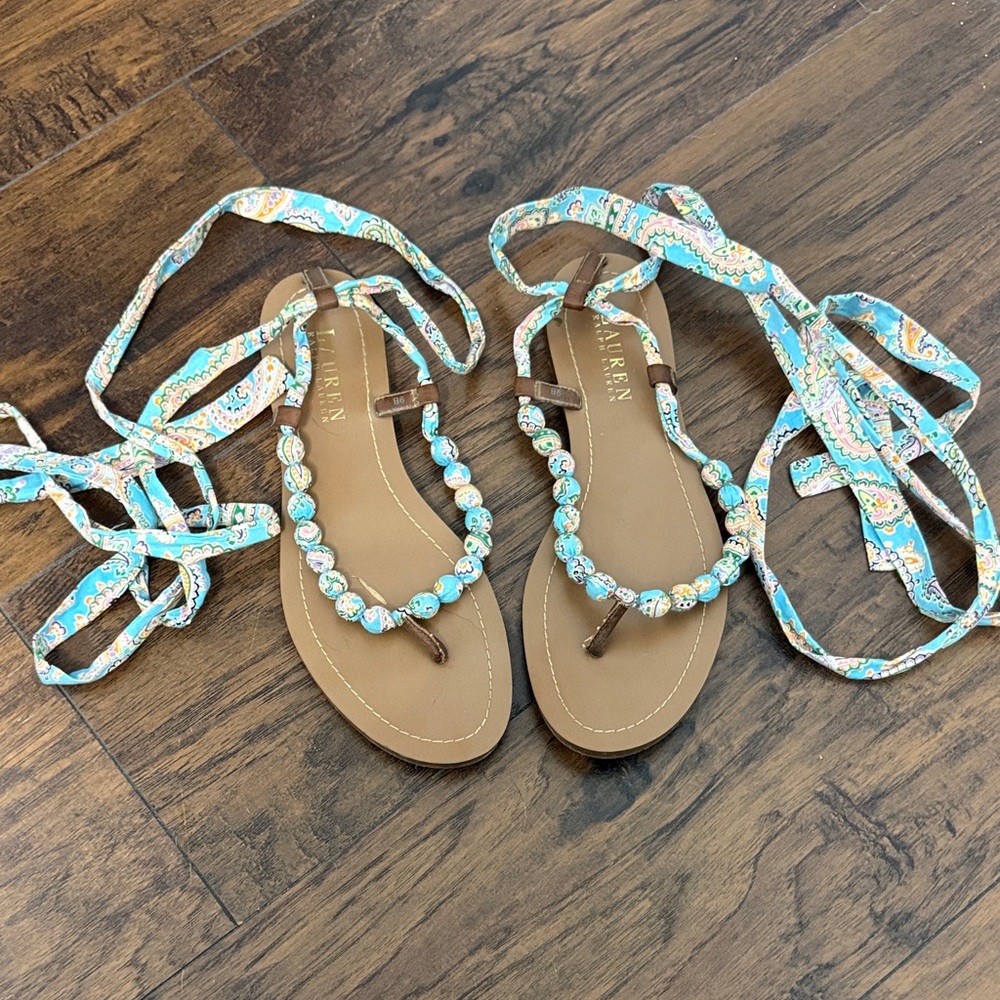 Lauren Ralph Lauren Tan and Blue Beaded Sandals